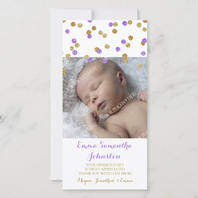 Gold Purple  Thank You Baby Shower Photo Cards (Front)