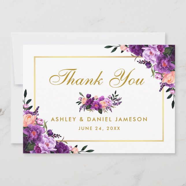 Gold Purple Ultra Violet Floral Wedding Thank You (Front)