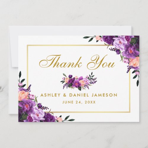 Gold Purple Ultra Violet Floral Wedding Thank You