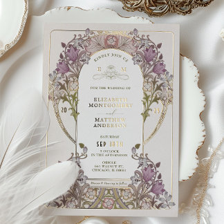 Gold Purple Vintage Wedding William Morris Foil Invitation