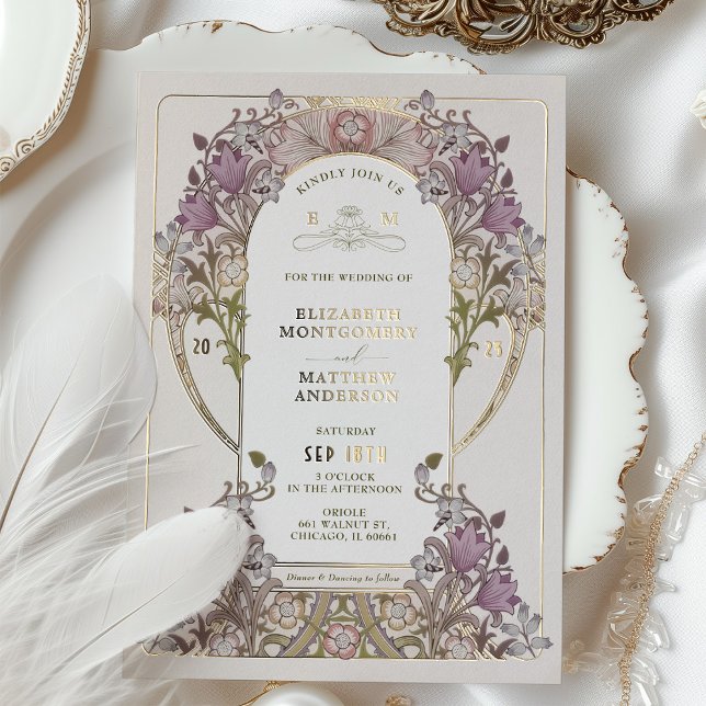 Gold Purple Vintage Wedding William Morris Foil Invitation (Creator Uploaded)