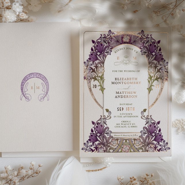 Gold Purple Vintage Wedding William Morris Foil Invitation (Creator Uploaded)