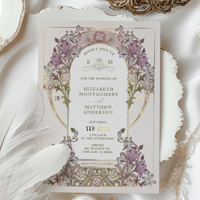 Gold Purple Vintage Wedding William Morris Foil Invitation (Creator Uploaded)