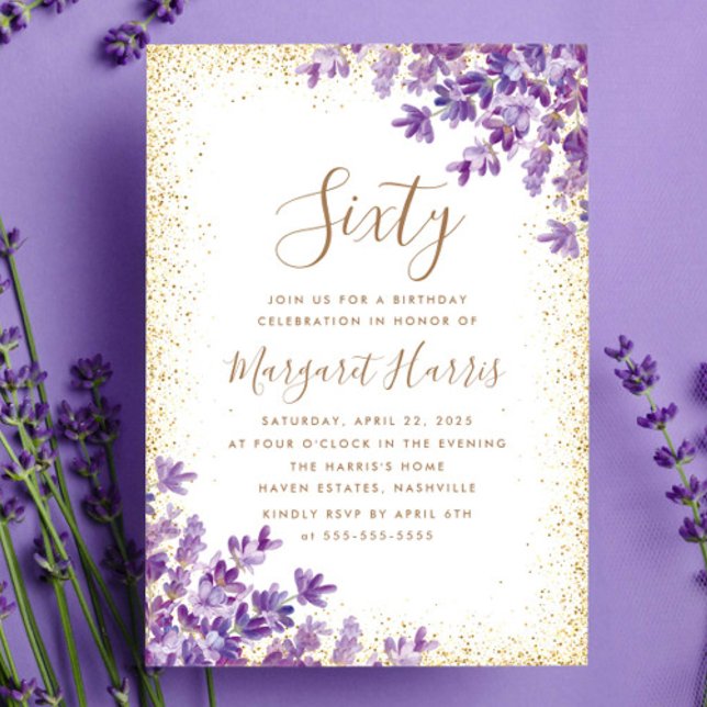 Gold Purple Violet Lavender 60th Sixty Birthday Invitation (Creator Uploaded)