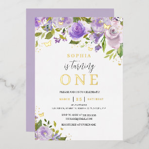 Gold Purple Watercolor Floral Girl 1st Birthday Foil Invitation