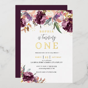 Gold Purple Watercolor Floral Girl 1st Birthday Foil Invitation