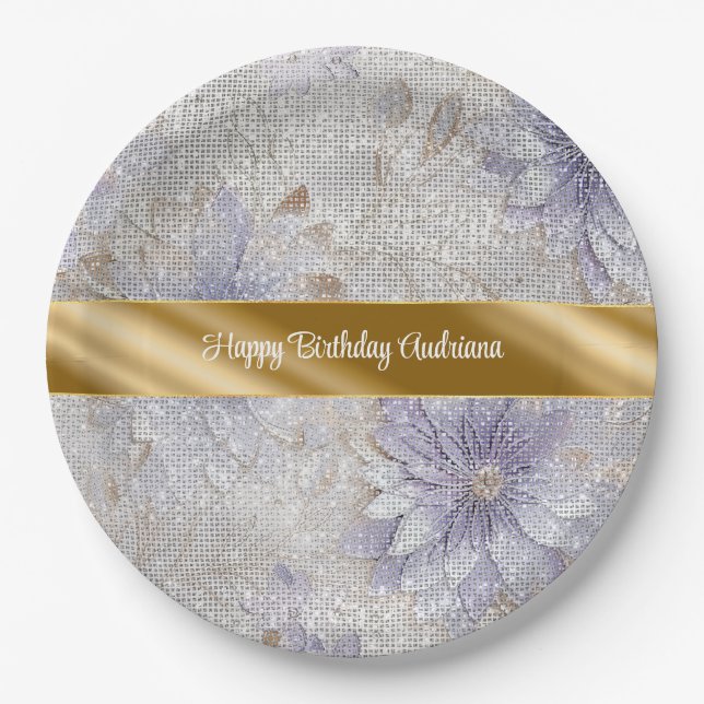 Gold Purple White Floral Sparkle Birthday Paper Plates (Front)