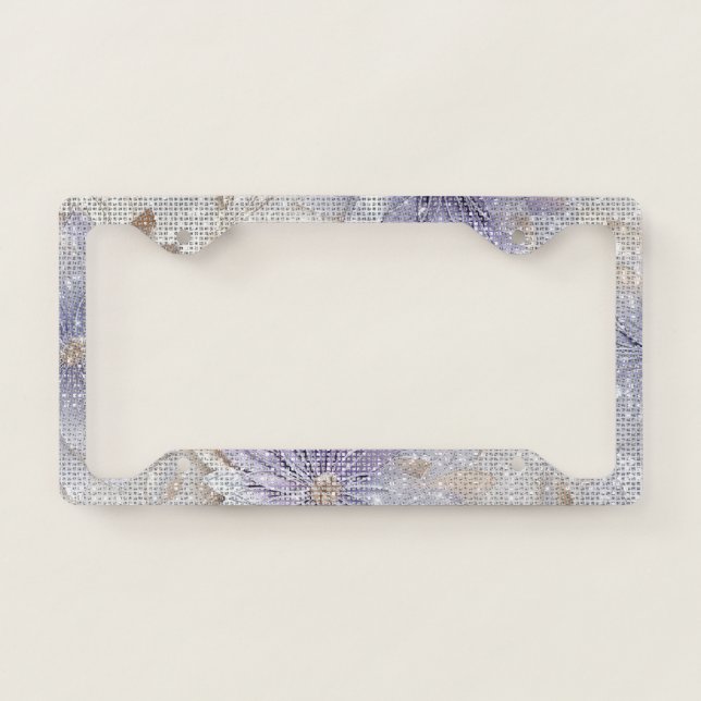 Gold Purple White Floral Sparkle License Plate Frame (Front)
