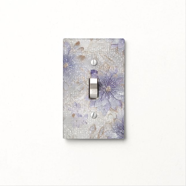 Gold Purple White Floral Sparkle Light Switch Cover (In Situ)