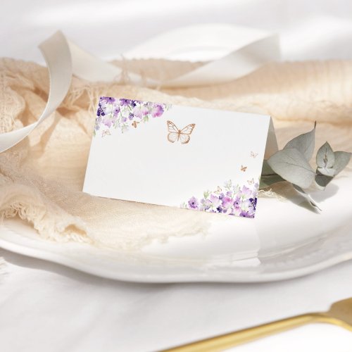 Gold purple wildflowers butterfly place card