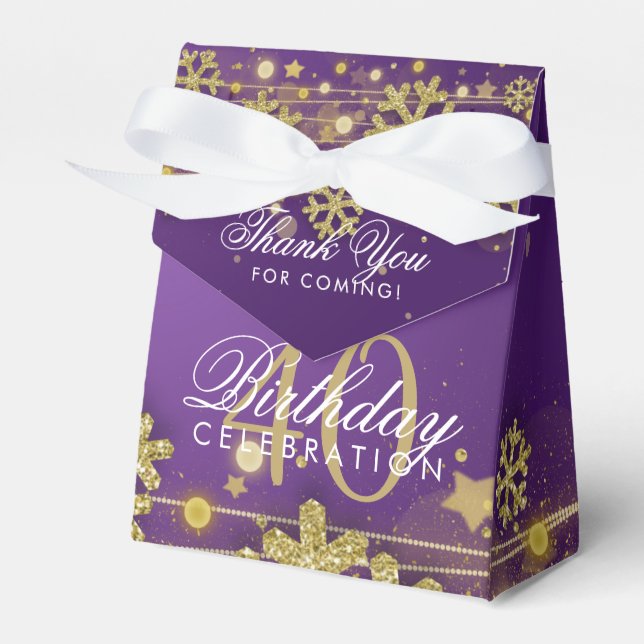 Gold Purple Winter 40th Birthday Thank You Favor Boxes (Front Side)