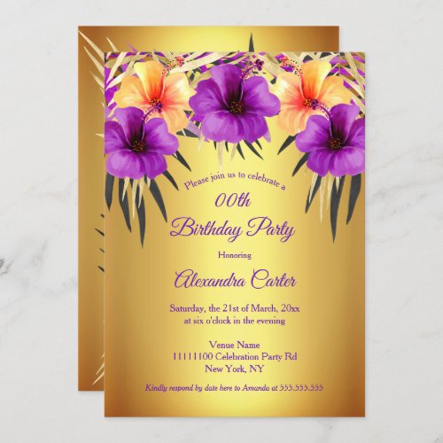 Gold Purple Yellow Hibiscus palms Birthday Party Invitation