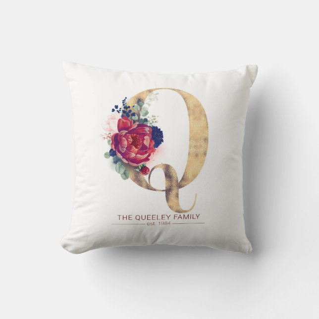 Gold Q Monogram Floral Burgundy Red and Navy Blue Throw Pillow (Front)