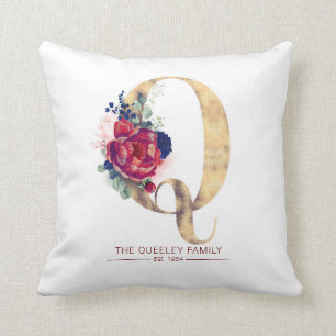 Gold Q Monogram Floral Burgundy Red and Navy Blue Throw Pillow