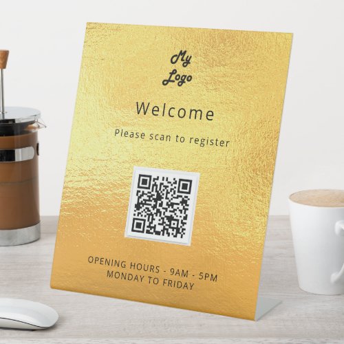 Gold QR code customer registration welcome Pedestal Sign