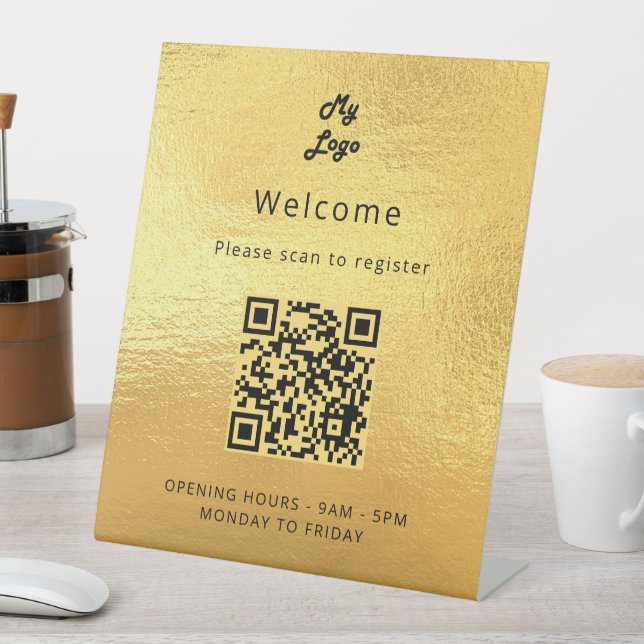 Gold QR code customer registration welcome Pedestal Sign (In SItu)