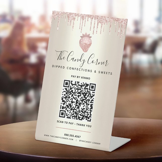 Gold QR Code Pay Here Pink Strawberry Glitter Drip Pedestal Sign (Creator Uploaded)