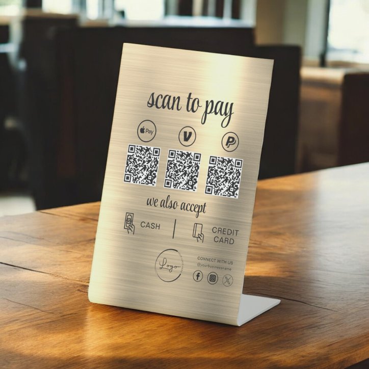 Gold QR Code Payment Scan To Pay Business Logo Pedestal Sign