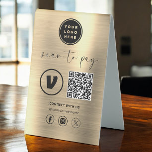 Gold QR Code Payment - Scan to Pay Business Logo Table Tent