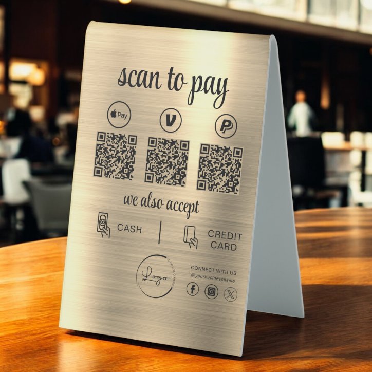 Gold QR Code Payment Scan To Pay Business Logo Table Tent Sign