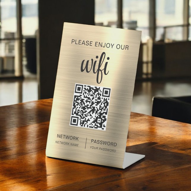 Gold QR Code Please Enjoy Our Wifi Pedestal Sign (Creator Uploaded)
