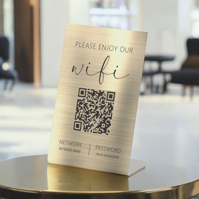 Gold QR Code Please Enjoy Our Wifi Pedestal Sign (Creator Uploaded)