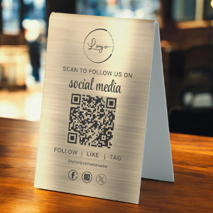Gold QR Code Scan To Follow Us on Social Network Table Tent