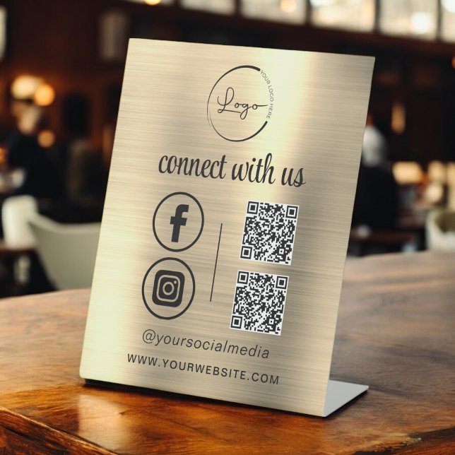 Gold QR Connect With Us Business Logo Social Media Pedestal Sign (Creator Uploaded)