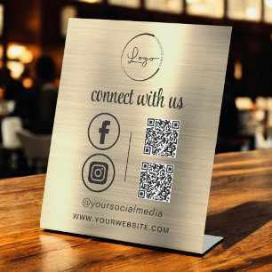 Gold QR Connect With Us Business Logo Social Media Pedestal Sign