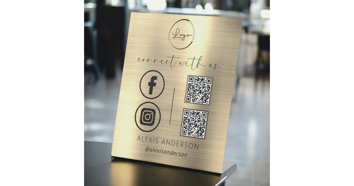 Connecte Sign Gold QR Connect With Us Business Logo Social Media Pedestal Sign | Zazzle