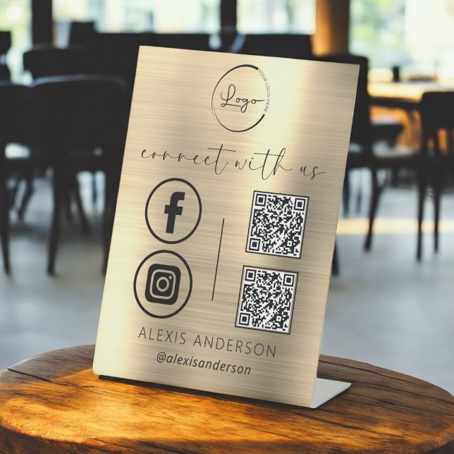 Gold QR Connect With Us Business Logo Social Media Pedestal Sign (Creator Uploaded)