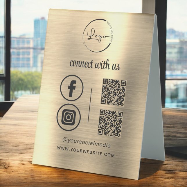 Gold QR Connect With Us Business Logo Social Media Table Tent (Creator Uploaded)