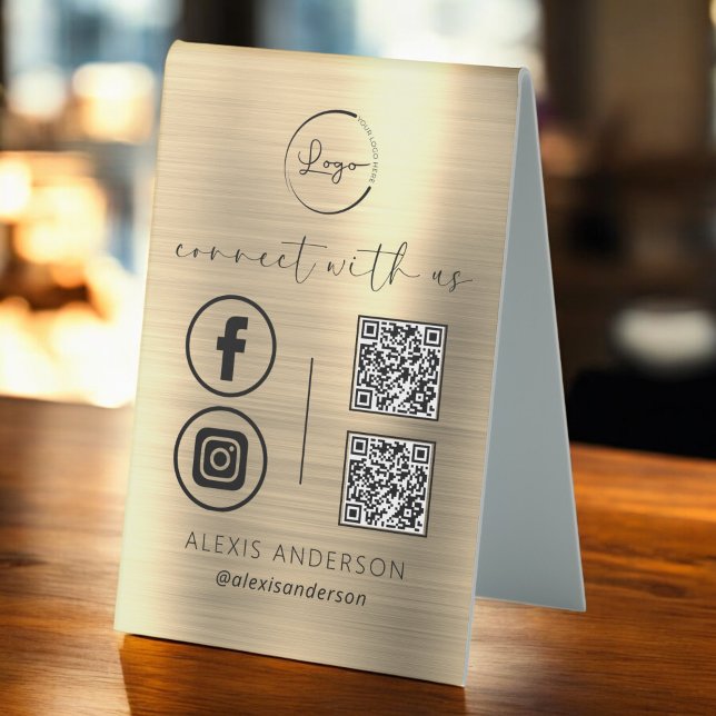 Gold QR Connect With Us Business Logo Social Media Table Tent (Creator Uploaded)