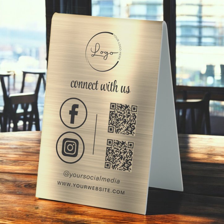 Gold QR Connect With Us Business Logo Social Media Table Tent Sign