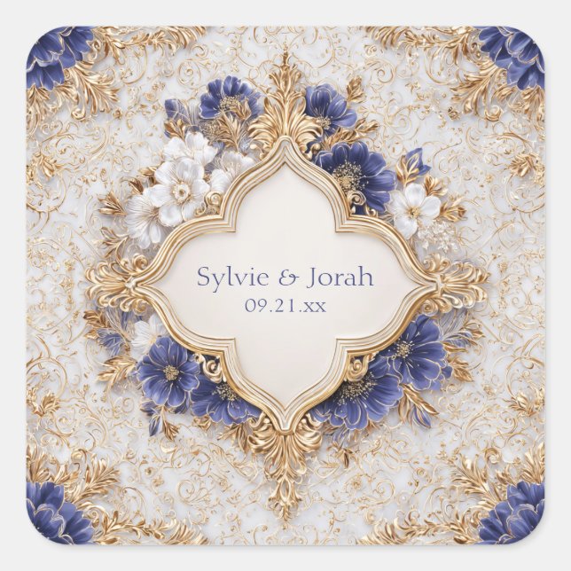 Gold Quatrefoil Frame Indigo Blue White Floral Square Sticker (Front)