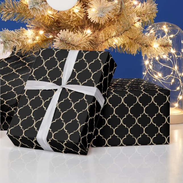 Gold Quatrefoil on Black Wrapping Paper (Holidays)