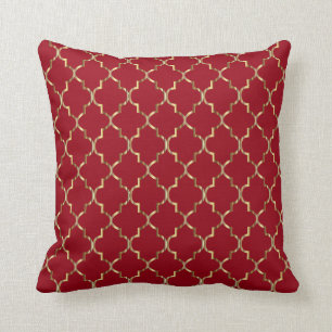 Gold Quatrefoil Pattern on Dark Red Throw Pillow