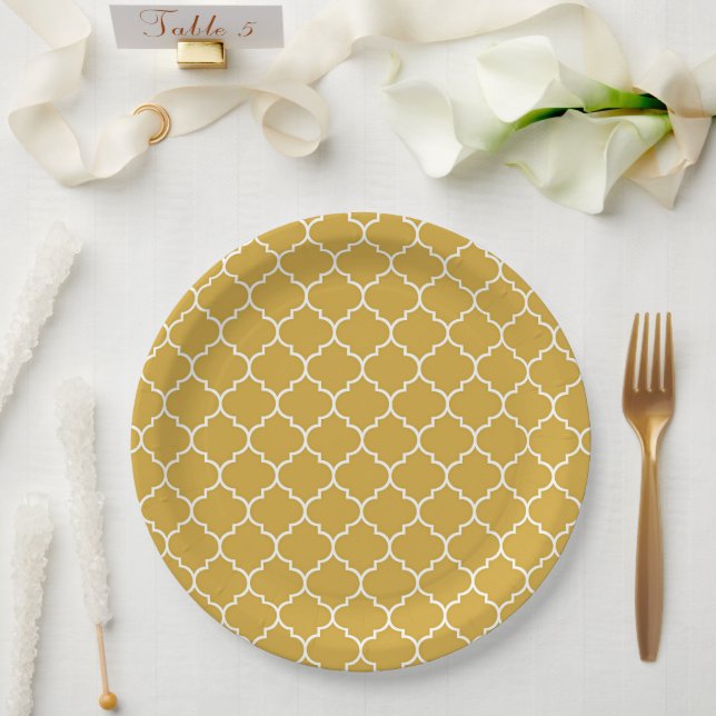 Gold Quatrefoil Pattern Paper Plates (Wedding)