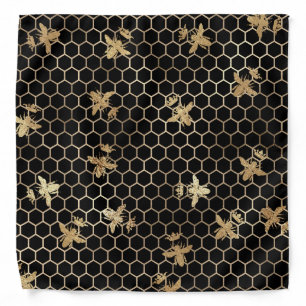 Gold Queen Bee and Honeycomb on Black Bandana