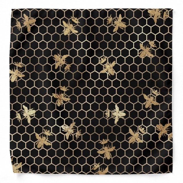 Gold Queen Bee and Honeycomb on Black Bandana (Front)