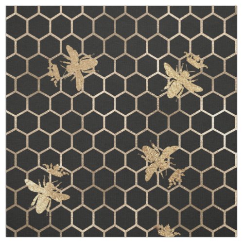Gold Queen Bee and Honeycomb on Black Fabric