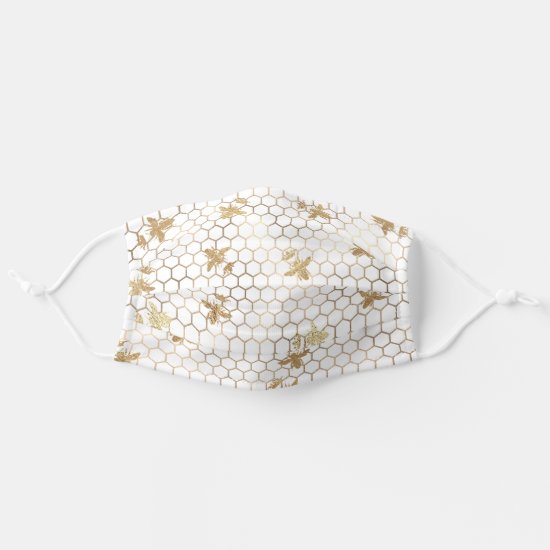 Gold Queen Bee and Honeycomb on White Adult Cloth Face Mask