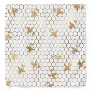 Gold Queen Bee and Honeycomb on White Bandana
