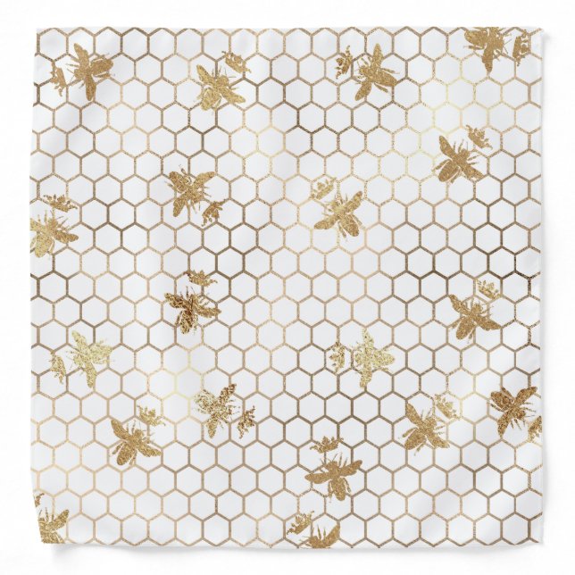 Gold Queen Bee and Honeycomb on White Bandana (Front)