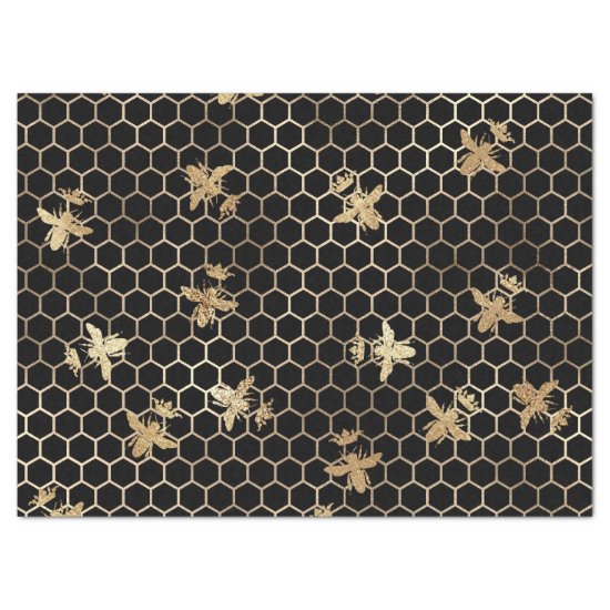 Gold Queen Bees and Honeycomb on Black Decoupage Tissue Paper