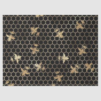 Gold Queen Bees and Honeycomb on Black Decoupage Tissue Paper