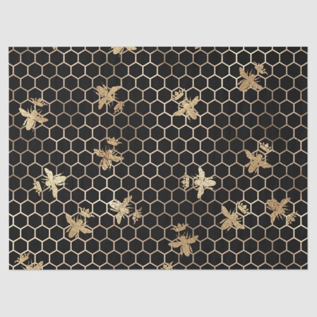 Gold Queen Bees and Honeycomb on Black Decoupage Tissue Paper (Front)