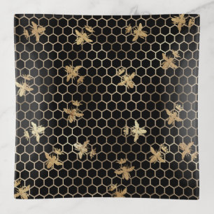 Gold Queen Bees and Honeycomb on Black Trinket Tray