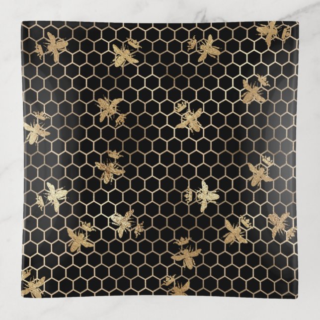Gold Queen Bees and Honeycomb on Black Trinket Tray (Front)