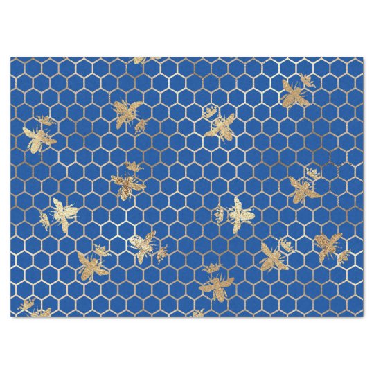Gold Queen Bees and on Blue Decoupage Tissue Paper